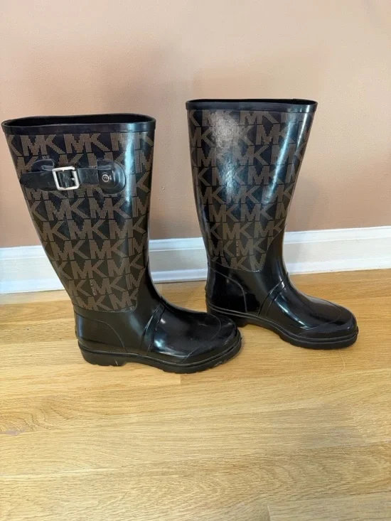 Michael Kors Brown and Black MK Logo Tall Rain Boots - Picture 3 of 10